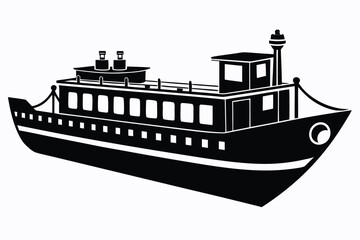 Obraz premium Monochrome boat vessel silhouette shows multiple decks and features against a plain white background
