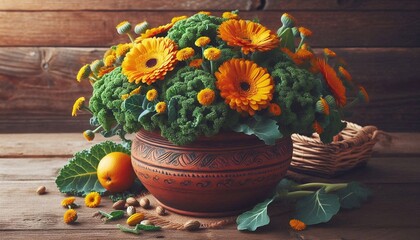 Rustic Flower Arrangement with Marigolds and Greenery in Clay Pot