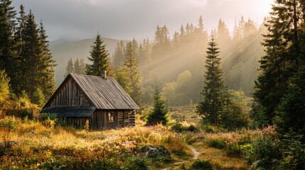 Rustic Wooden Cabin in a Sunlit Mountain Forest