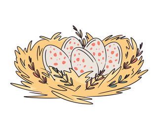 Colorful eggs in a nest isolated on white. Hand drawn Vector eggs illustration. Bright, organic design for local farm, urban homesteading, fresh food, and countryside life
