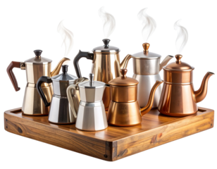  “Rustic Display of Antique Coffee Pots with Steaming Effect, Isolated on Transparent Background”.