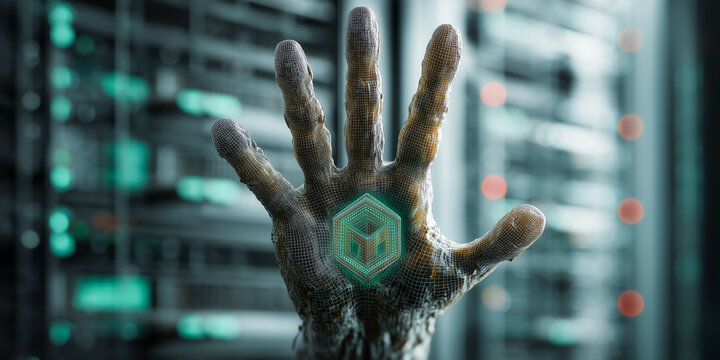 Rogue Hacker Hand Blocked By Firewall Of Radiant Cubes In High-Security Business Data Defense Visualization