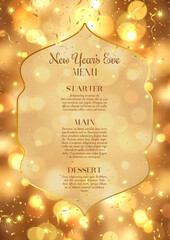 golden New Years Eve menu design with bokeh lights 0512