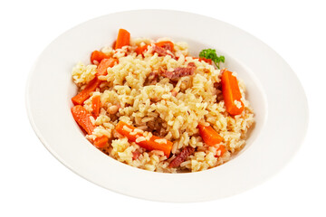 Rice meat and vegetables pilaf fresh delicious gourmet food background on the table rustic food top view copy space