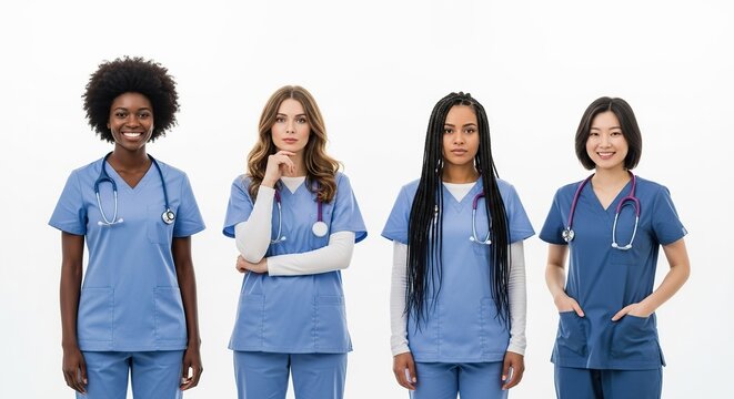 Diverse Group of Four Medical Professionals in Blue Scrubs Standing Isolated on White Background