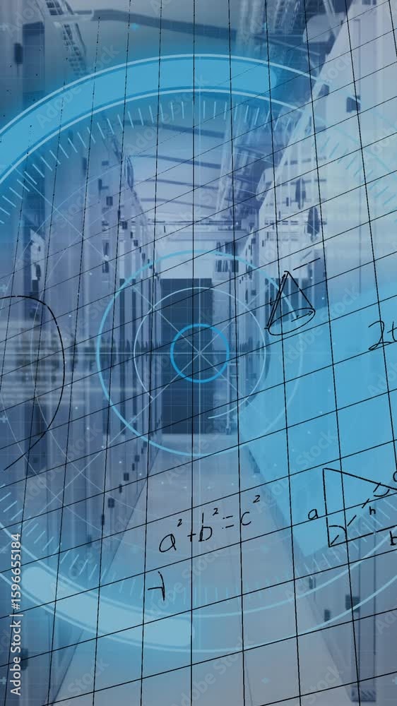 Poster animation of scope, mathematical equations and data processing over computer servers