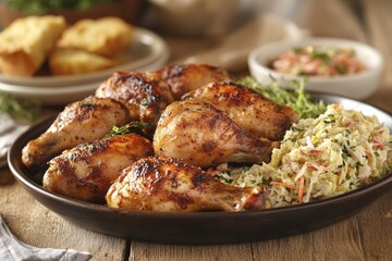 Fototapeta premium Grilled chicken drumsticks with creamy coleslaw and fresh herbs