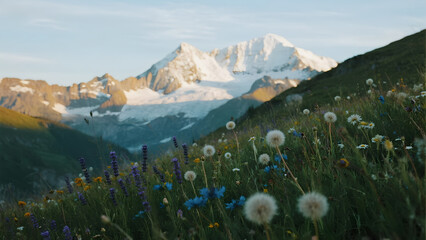 Fototapeta premium Vast Ili Valley lavender bloom at dawn beneath sunlit alpine peaks 