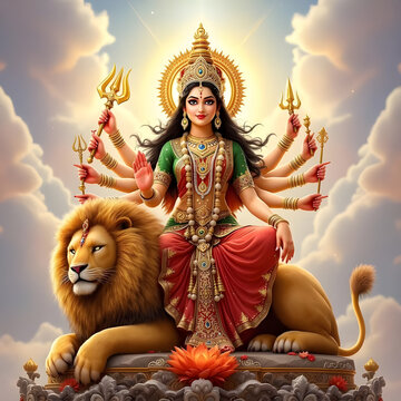 Majestic Durga Devi atop a Lion, Hindu Goddess