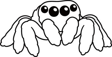 Cute cartoon fluffy spider with big shiny eyes, kawaii jumping spider character drawing. Black and white line art vector illustration.