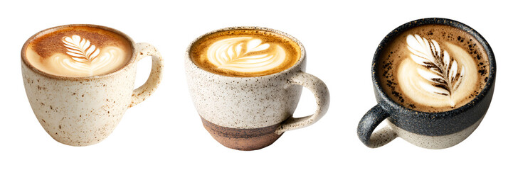 Latte Art Coffee Mugs - Delicious Hot Beverages isolated on transparent background