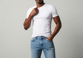 A darkskinned man in a white tee and light blue jeans