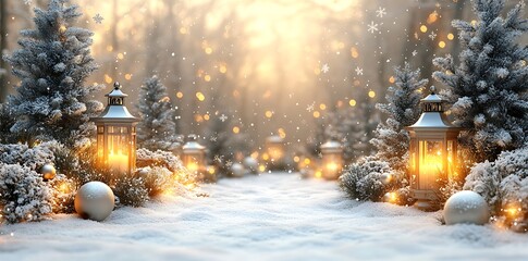 Snowy forest path with glowing lanterns and festive ornaments winter