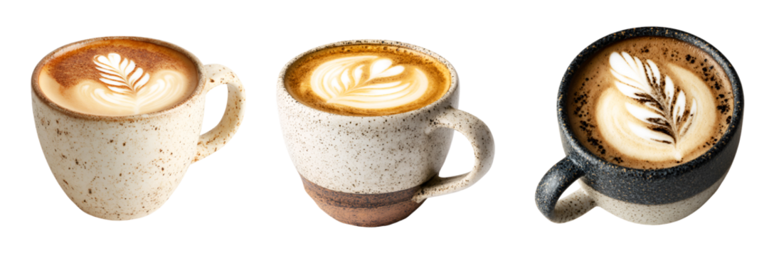 Latte Art Coffee Mugs - Delicious Hot Beverages isolated on transparent background