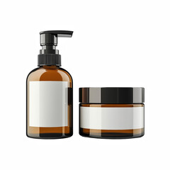 Amber pump bottle and round jar with black lids isolated on white background