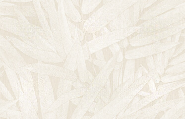 Seamless beige halftone pattern of overlapping tropical leaves with vintage botanical engraving texture.