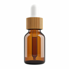 Amber dropper bottle with bamboo cap isolated on white background