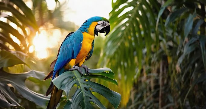 Colorful macaw in lush tropical foliage