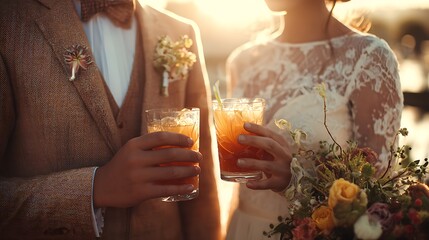A portrait of a new wedding couple in wedding outfit holding a drink glass on a summer blurred background