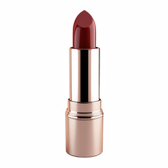 Luxury red lipstick in rose gold tube standing upright isolated on white background