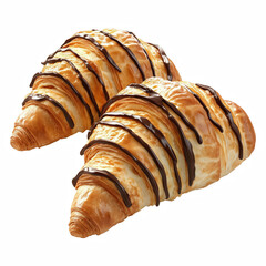 Two crispy croissants with chocolate drizzle isolated on white background