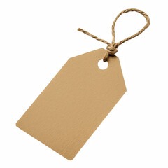 Blank brown kraft paper tag with angled corners and twine string isolated on white background