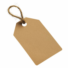 Blank brown kraft paper tag with angled corners and twine string isolated on white background