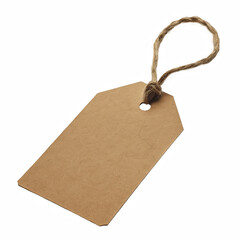 Blank brown kraft paper tag with angled corners and twine string isolated on white background