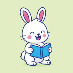 Cute White Bunny Reading a Book and Smiling