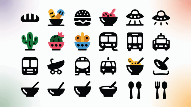 A set of 25 black and white icons arranged in a 5x5 grid format. The top row shows food items a curved bread loaf, a sandwich, a taco, a hot dog, and a hamburger.