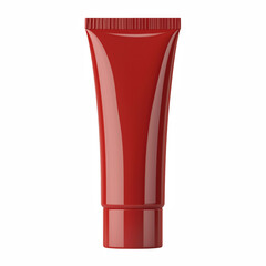 Red plastic cosmetic squeeze tube with flip-top cap isolated on white background