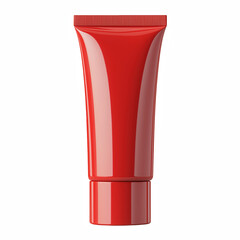 Red plastic cosmetic squeeze tube with flip-top cap isolated on white background