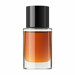 Cylindrical glass perfume bottle with amber-orange liquid and black cap isolated on white background