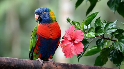 Colorful Lorikeet with Hibiscus Blossom A Vibrant Bird and Flower Duo in Tropical Paradise
