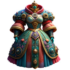 Naklejka premium Ornate fantasy gown with intricate embellishments in teal. gold. and ruby tones.