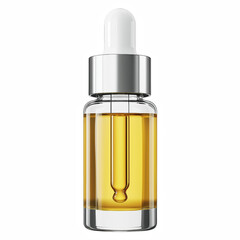 Transparent glass dropper bottle with golden oil and silver cap isolated on white background