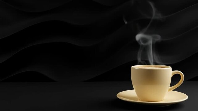 Steaming Cup of Coffee on Black Background - A steaming cup of coffee sits on a saucer against a backdrop of dark, wavy fabric. The video evokes a feeling of warmth and calm.