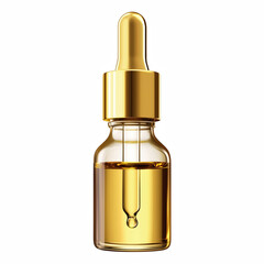 Golden cosmetic oil drop falling from a glass dropper into a transparent bottle with shiny gold cap, luxury skincare product isolated on white background