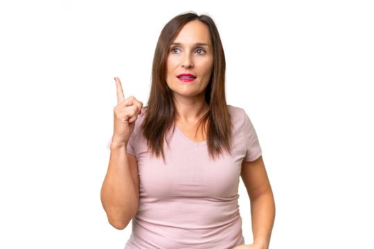 Middle-aged caucasian woman over isolated background thinking an idea pointing the finger up