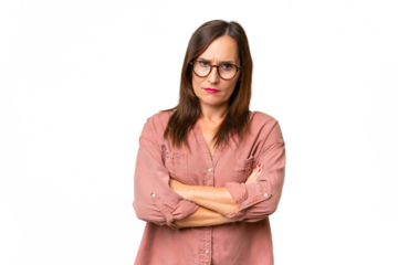 Middle-aged caucasian woman over isolated background with unhappy expression