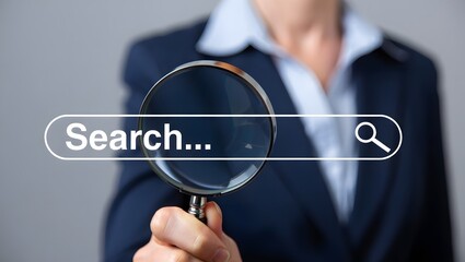 Businessman holding a magnifying glass over a digital search bar, data discovery and information online research, business intelligence, and finding solutions. Concept of Searching technology.