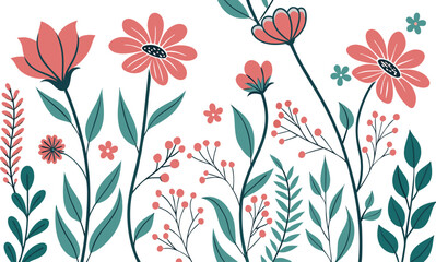Hand Drawn Floral Vector Pattern with Spring Wildflowers.