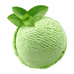 Scoop of green mint ice cream or melon sorbet with fresh mint leaves on top, refreshing cold dessert isolated on white background