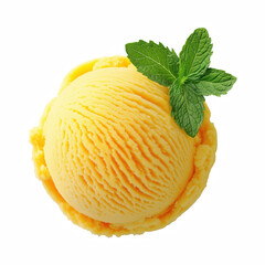 Scoop of orange mango ice cream or sorbet with fresh mint leaves on top, vibrant color dessert isolated on white background