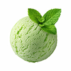 Scoop of green mint ice cream or melon sorbet with fresh mint leaves on top, refreshing cold dessert isolated on white background