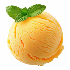 Scoop of orange mango ice cream or sorbet with fresh mint leaves on top, vibrant color dessert isolated on white background