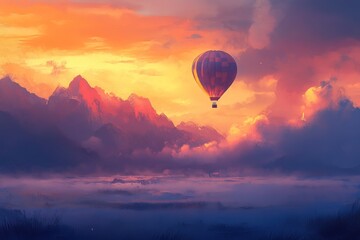 Fototapeta premium Vibrant hot air balloon over majestic mountainous sunset