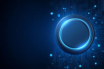 A futuristic AI tech banner features a glowing circuit board on a blue background with a central button, ideal as a digital vector design for web posters or modern presentations.