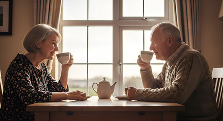 An old ouple drinking tea together by the window