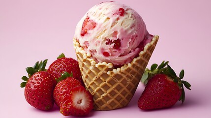 A scoop of vibrant strawberry ice cream in a classic waffle cone, adorned with fresh strawberries, set against a pastel pink solid background.